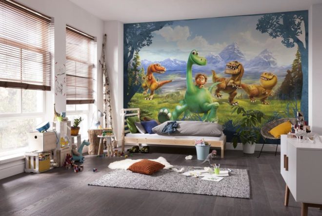 Обои с изображением динозавриков в детской комнате