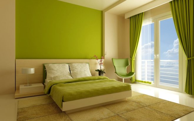 Интерьер спальни в зелёном цвете