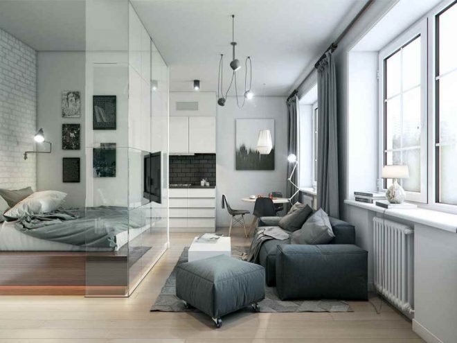 Дизайн спальни-гостиной со стеклянной перегородкой