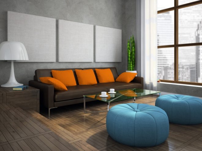 Сочетание голубого, коричневого и оранжевого цветов мягкой мебели